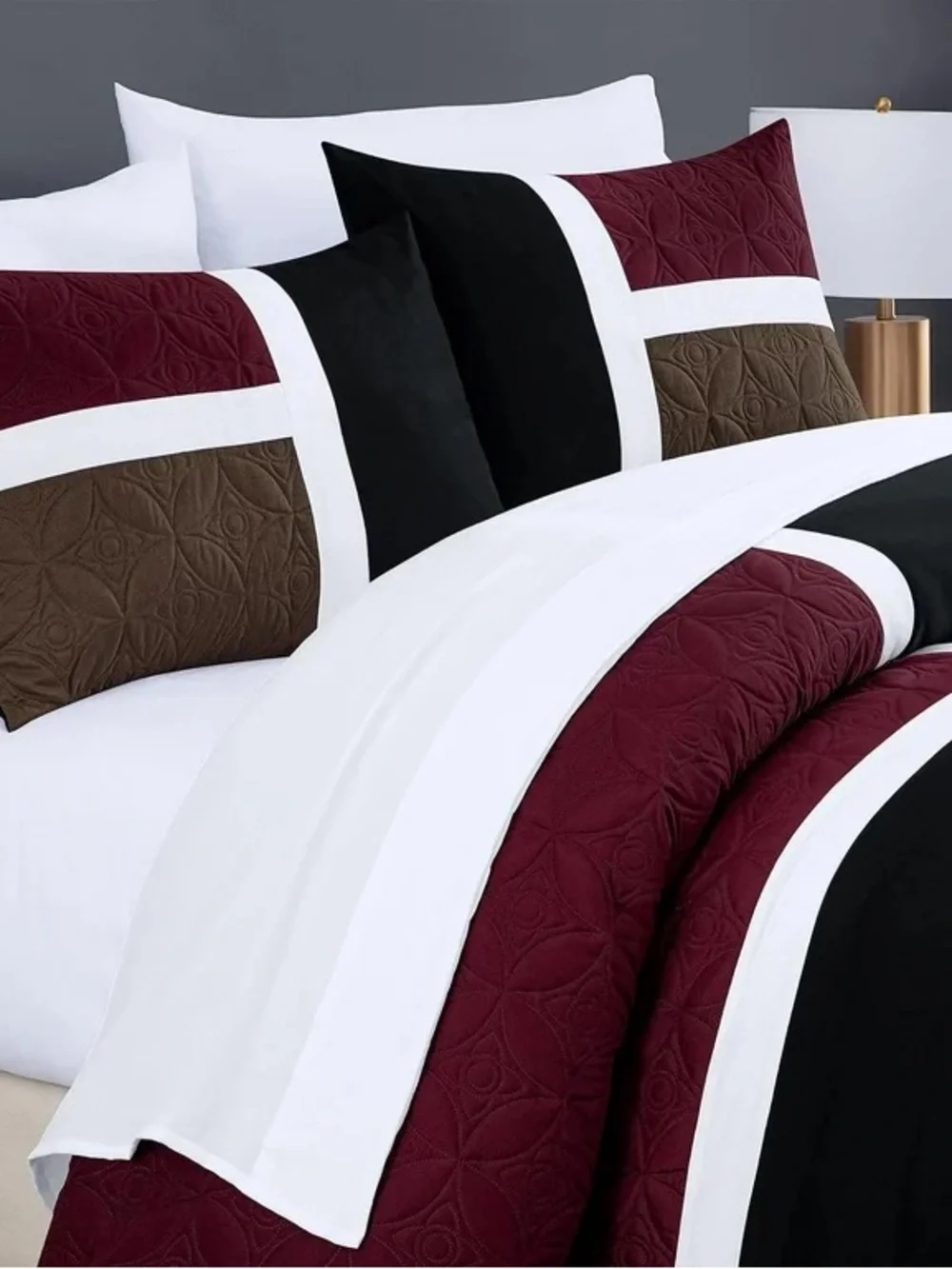 Modern Colorblock Comforter Set in Black, Burgundy & Brown - Home Bedding